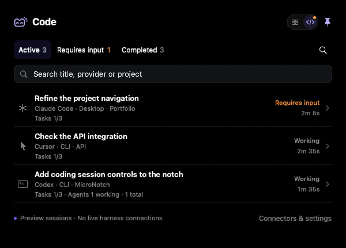 Native MicroNotch Code mode showing active sessions and a request needing attention
