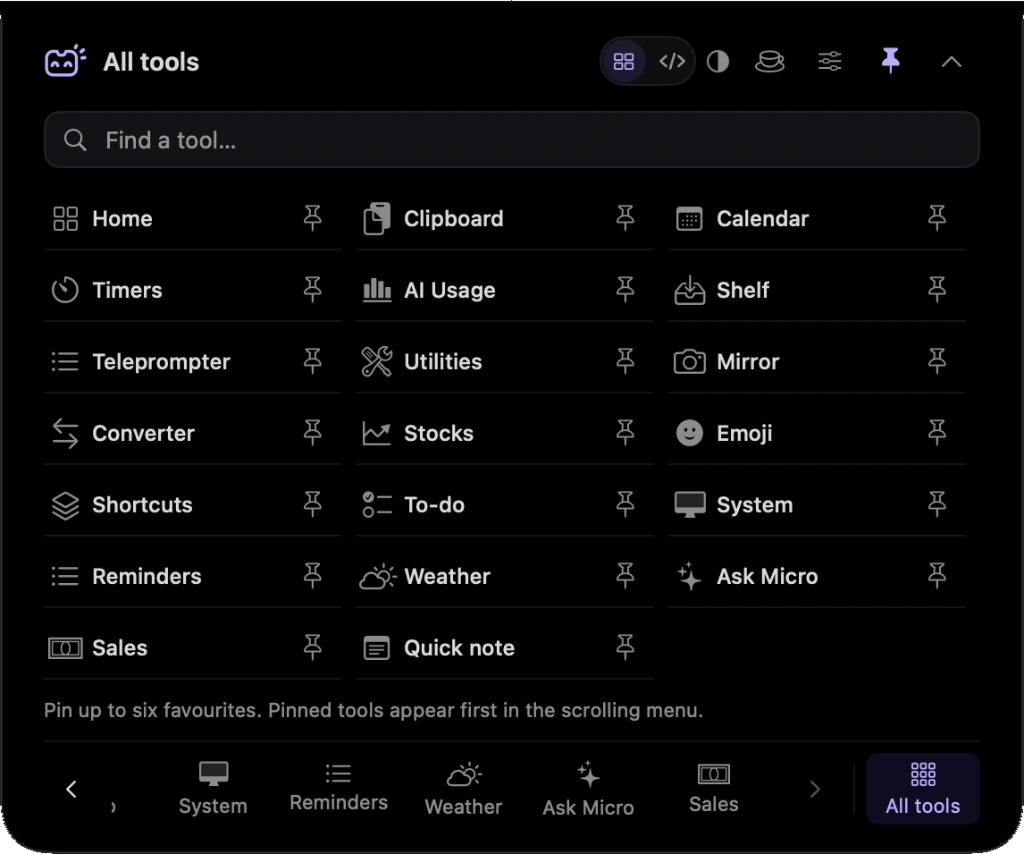 The MicroNotch All tools library, with favourites you can pin