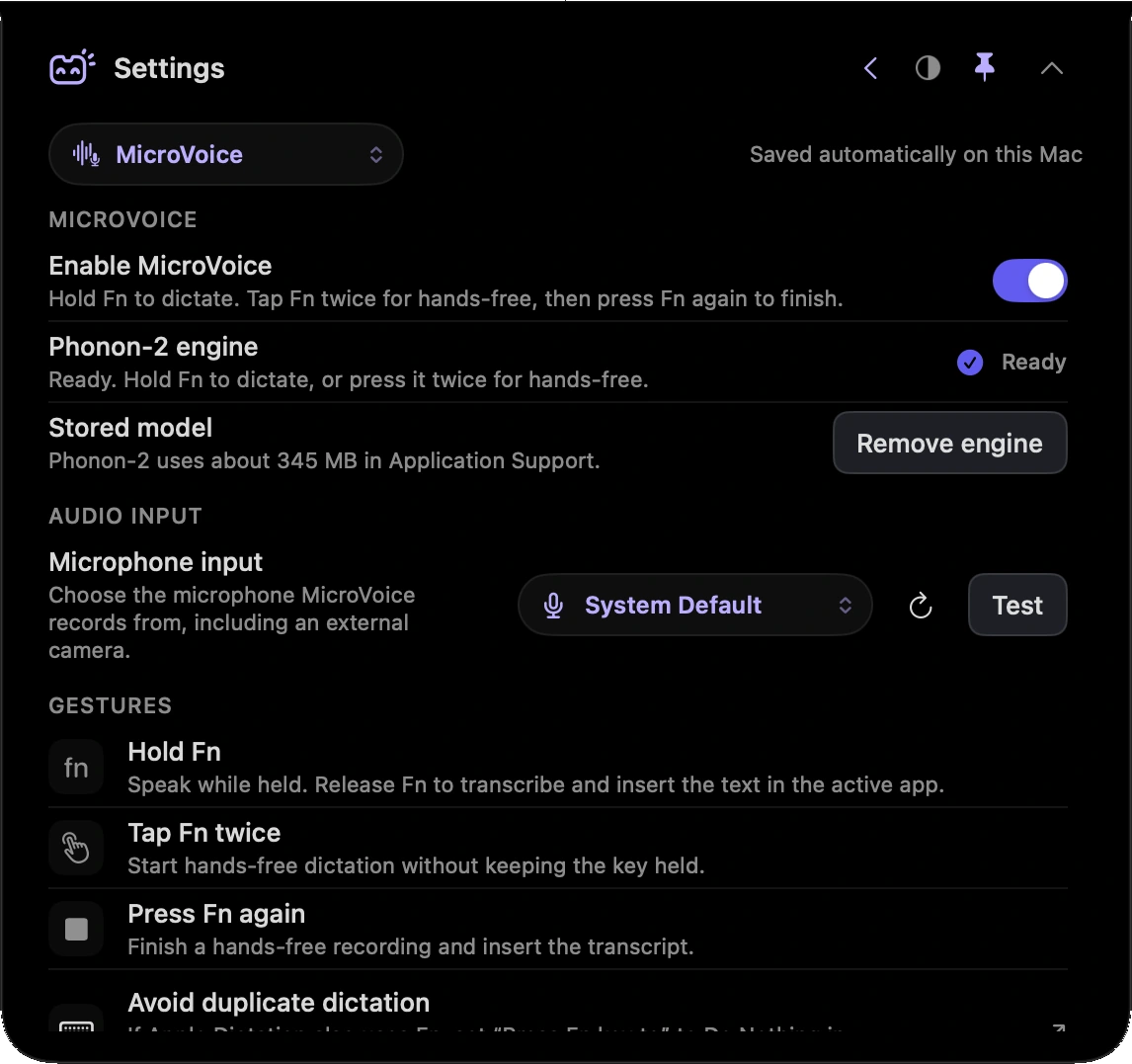 MicroVoice settings with the local engine ready and microphone input selection